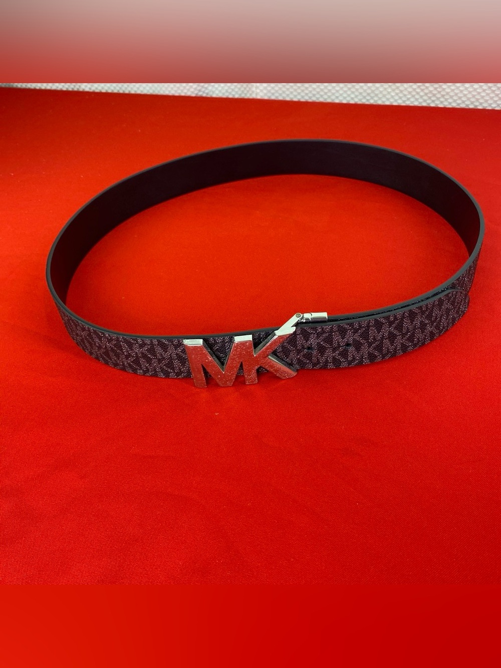 Michael Kors Men's MK Logo Belt in Deep Burgundy and Black